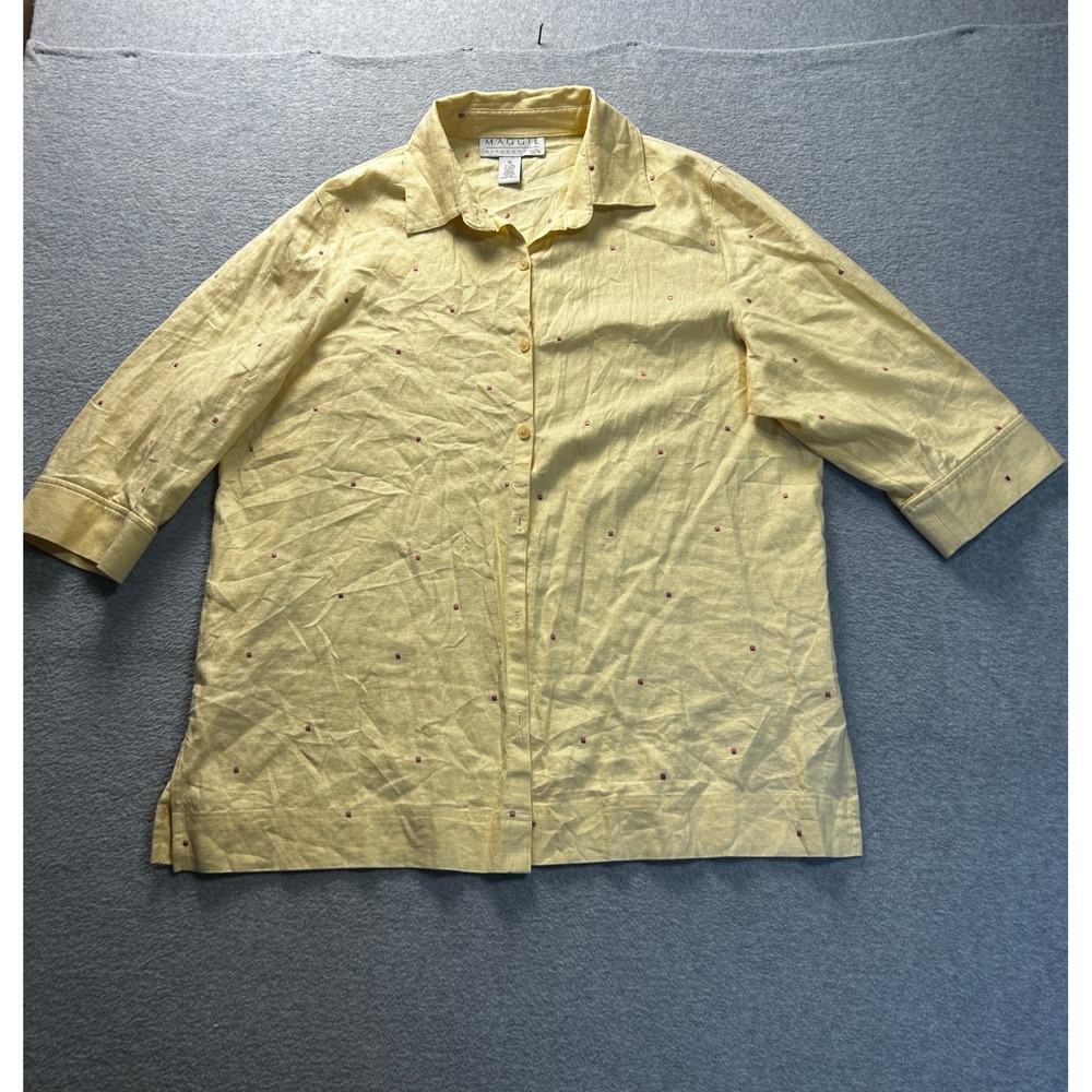 3/4 Sleeve Boho Blouse Top Womens Size 1X‎ Yellow Linen Blend Maggie McNaughton
